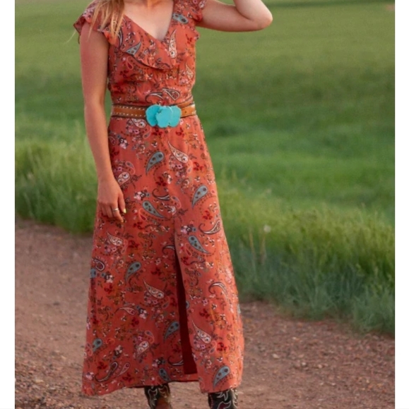 WILLOW & CLAY | floral flower ruffle front slit maxi dress - Picture 10 of 11
